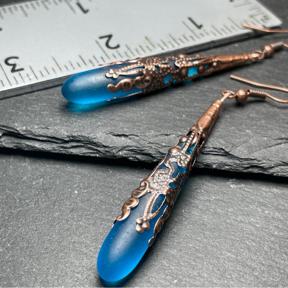 Artisan Boho Elegant Brilliant Blue Frosted Glass Antique Copper Drop Earrings - Picture 6 of 11